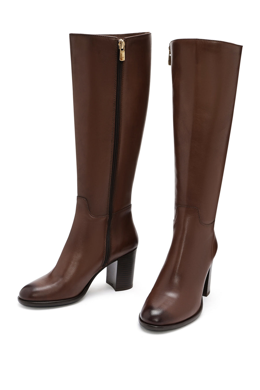 Woman Brown Zippered Chunky Heels Leather Boot