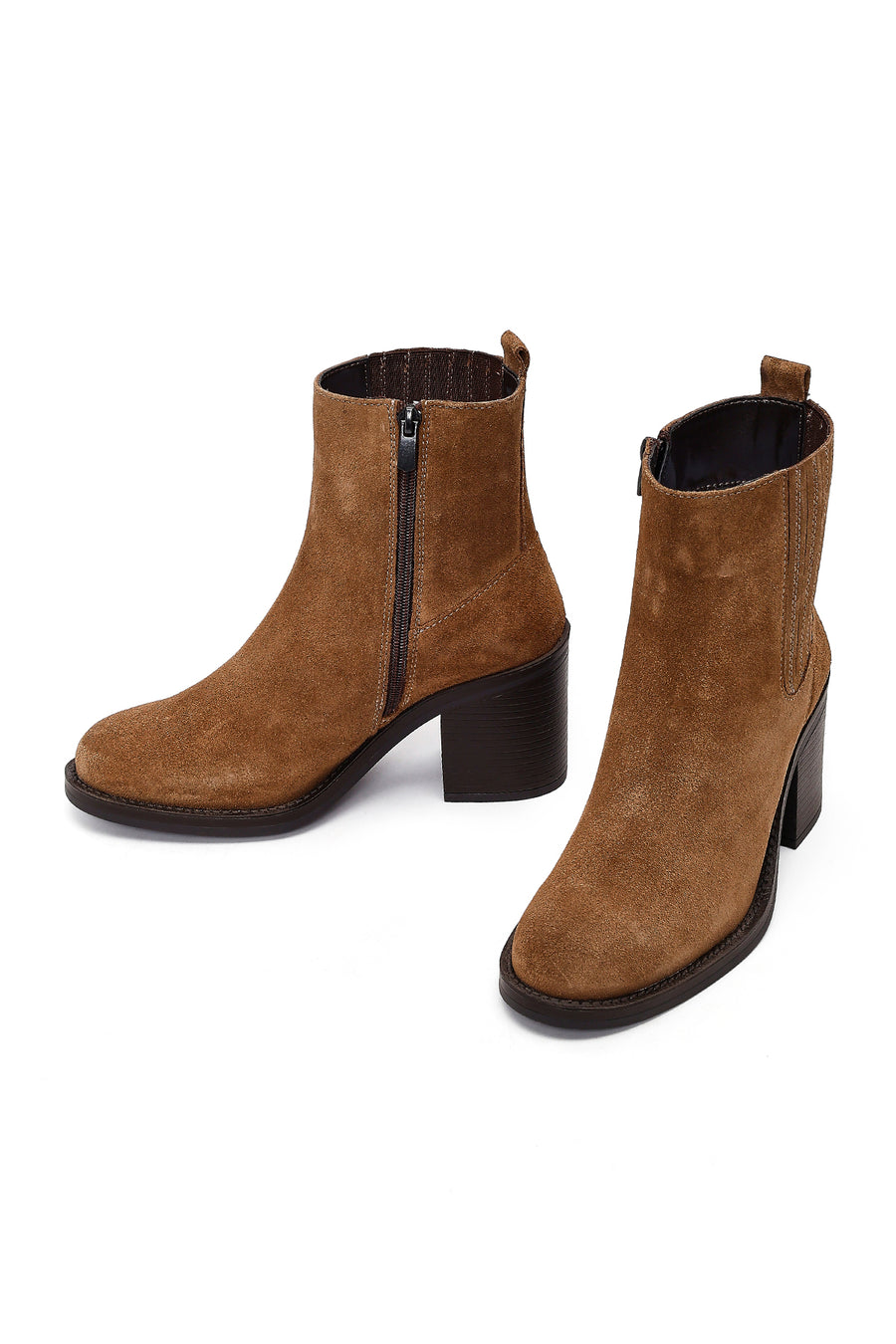 Women's Brown Zippered Thick Heel Suede Leather Boots