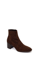 Woman Brown Zip Closure Printed Thick-Heeled Suede Boots | Derimod