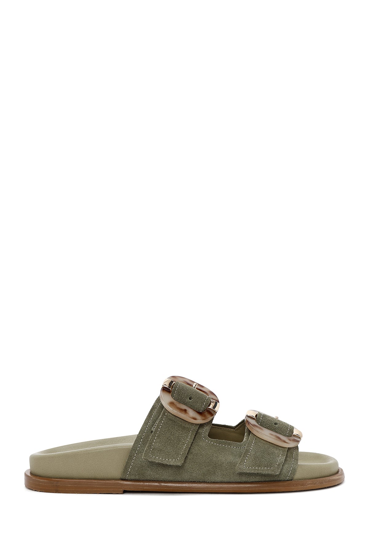 Women's Green Double Buckled Suede Leather Slippers 25SFD200710 | Derimod
