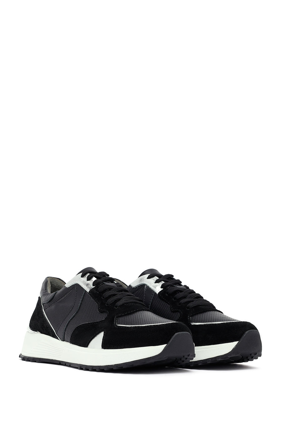 Woman Black Lace-Up Thick Sole Leather Sneakers