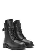 Woman Black Zip Closure Leather Combat Boots | Derimod