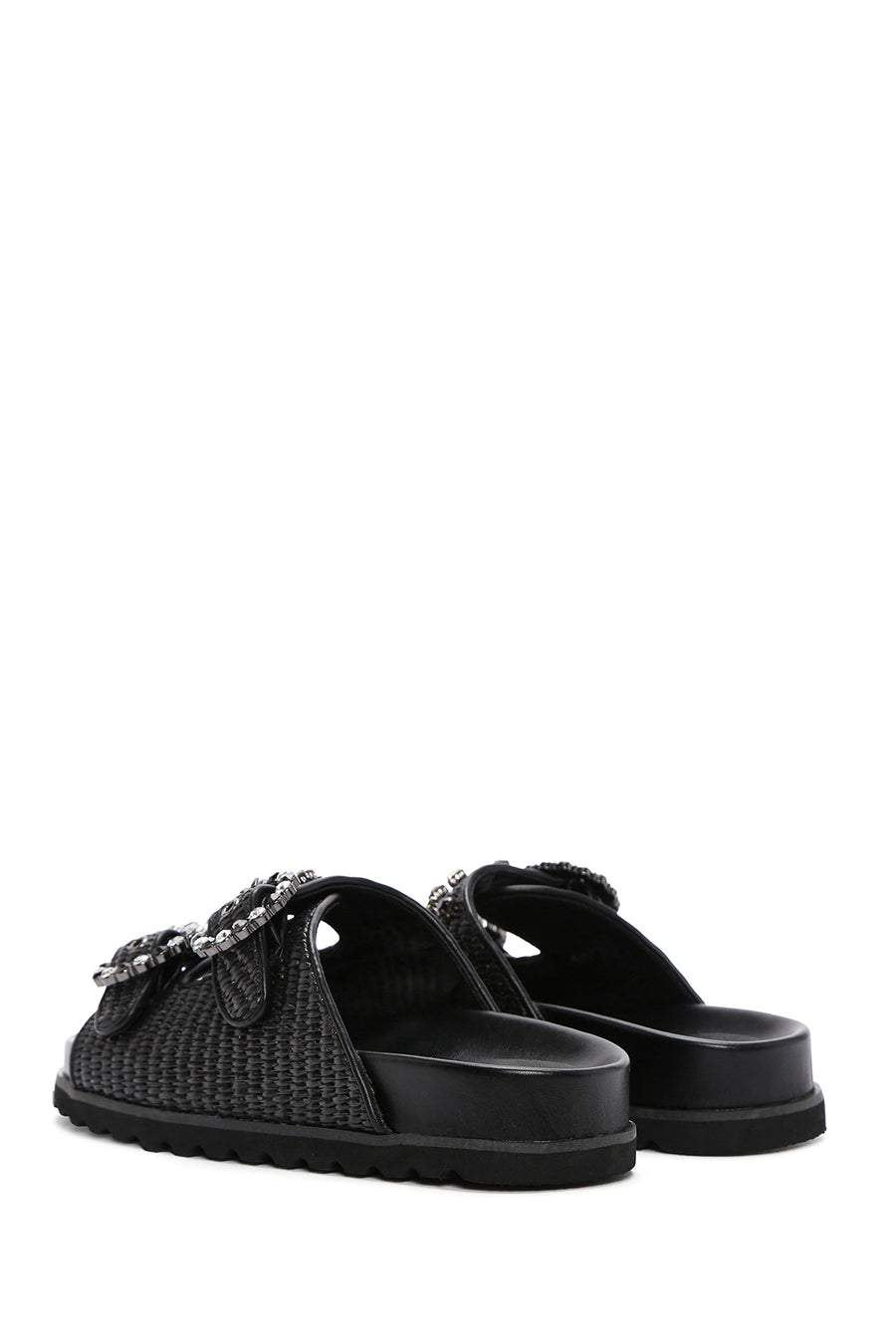 Women's Black Straw Stone Slippers