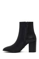 Woman Black Zip Closure Thick-Heeled Leather Boots | Derimod