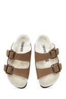 Women's Mink Double Buckled Leather Slippers | Derimod