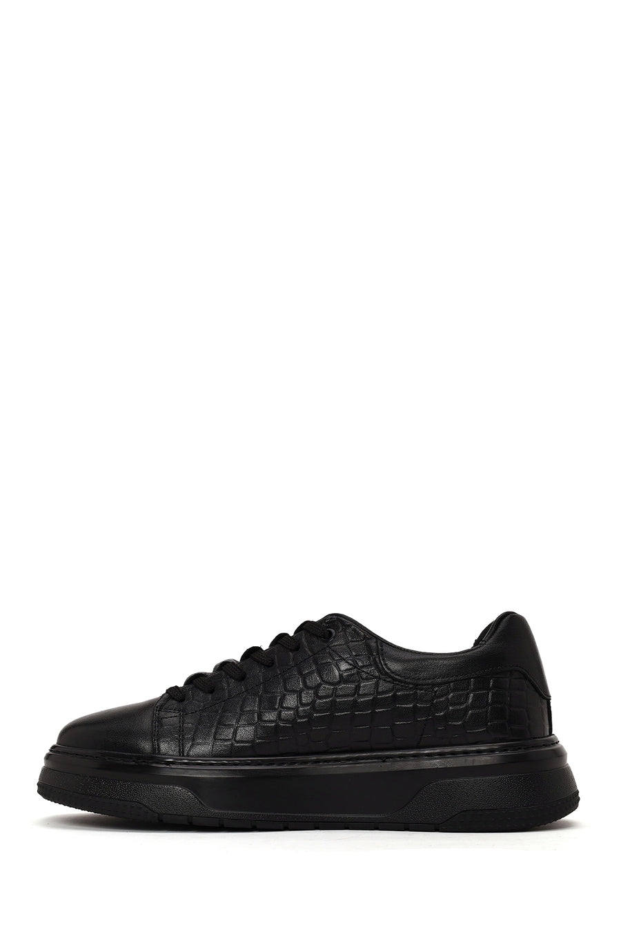 Male Black Lace-up Thick-soled Croc-patterned Leather Sneaker