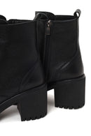 Woman Black Zip Closure Chunky Heeled Leather Combat Boots | Derimod