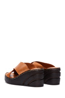 Women's Tan Leather Wedge Heeled Comfort Slippers | Derimod
