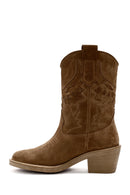 Woman Mink Suede Low Chunky Heel Leather Cowboy Boots | Derimod
