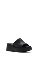 Women's Black Thick-Soled Printed Leather Comfort Slippers | Derimod