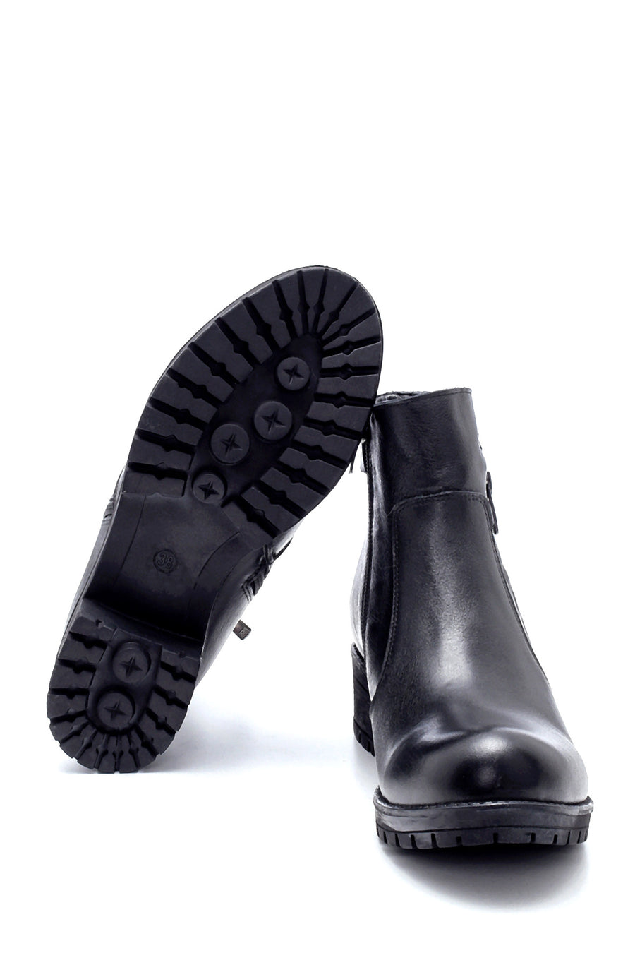 Women's Leather Buckle Detailed Zippered Boots