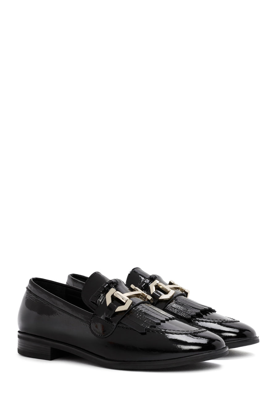 Women's Black Buckle Detailed Patent Leather Masculine Loafer