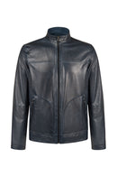 Clint Male Navy Mandarin Collar Reversible Suede Leather Jacket | Derimod