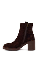 Woman Brown Zip Closure Chunky Heeled Suede Boots | Derimod