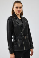 Zendaya Women's Black Belt Detailed Biker Leather Jacket | Derimod