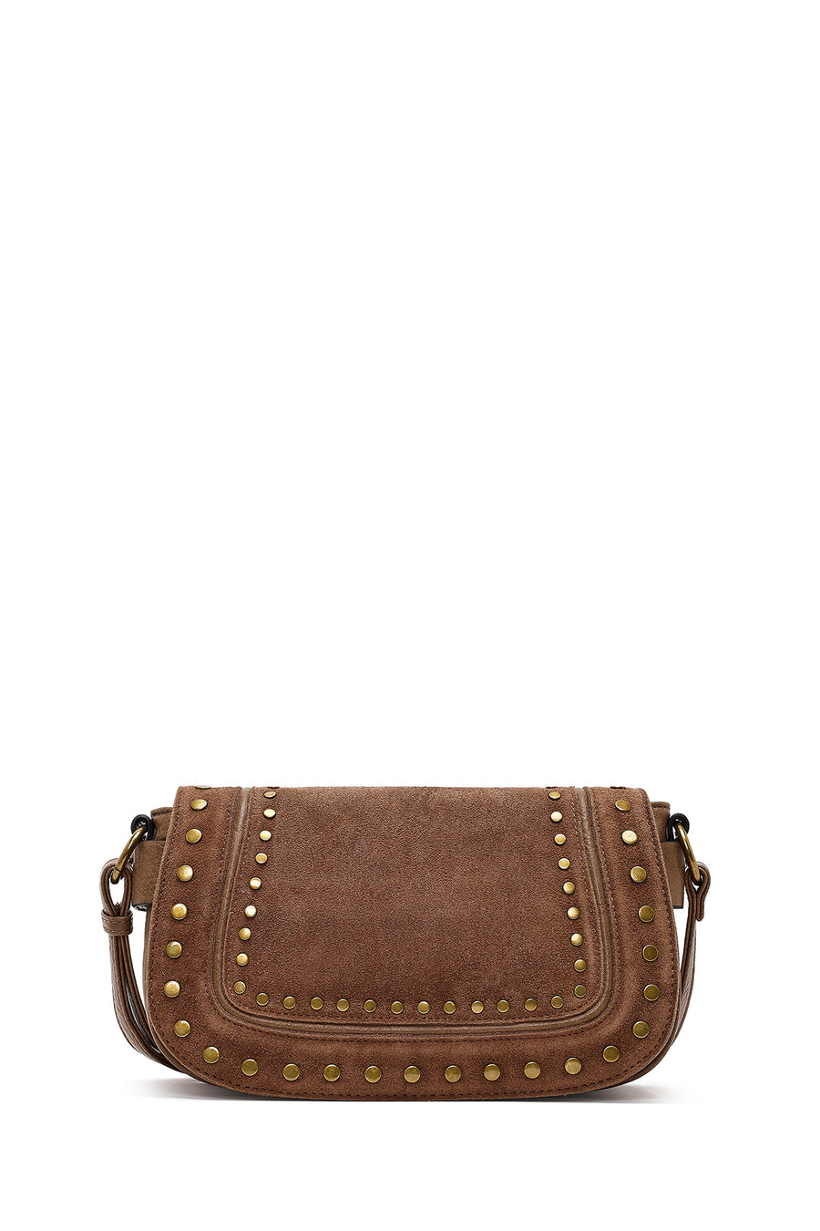 Woman Tan Long-Strap Studded Suede Crossbody Bag