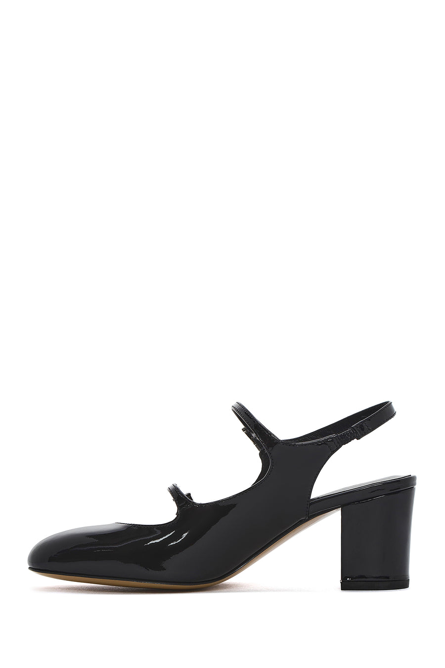 Women's Black Double Buckled Open Back Thick Heel Patent Leather Shoes