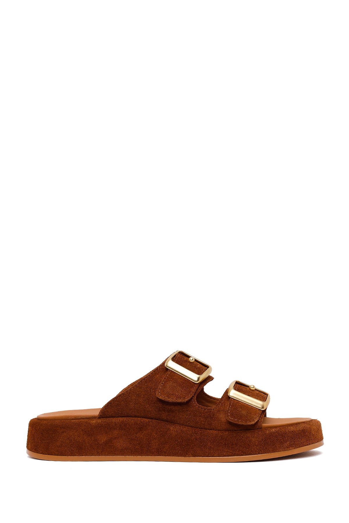 Woman Tan Double-Buckle Thick-Soled Suede Slipper 26PFD230210 | Derimod