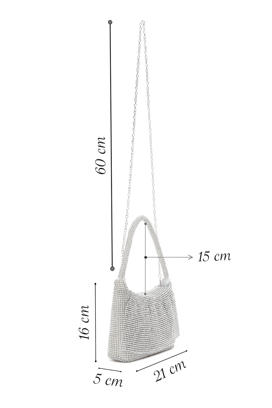 Women's Silver Long Chain Strap Stone Mini Evening Handbag