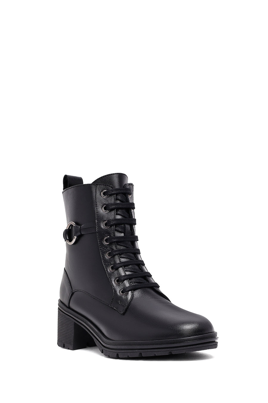 Woman Black Zippered Chunky Heels Leather Boat