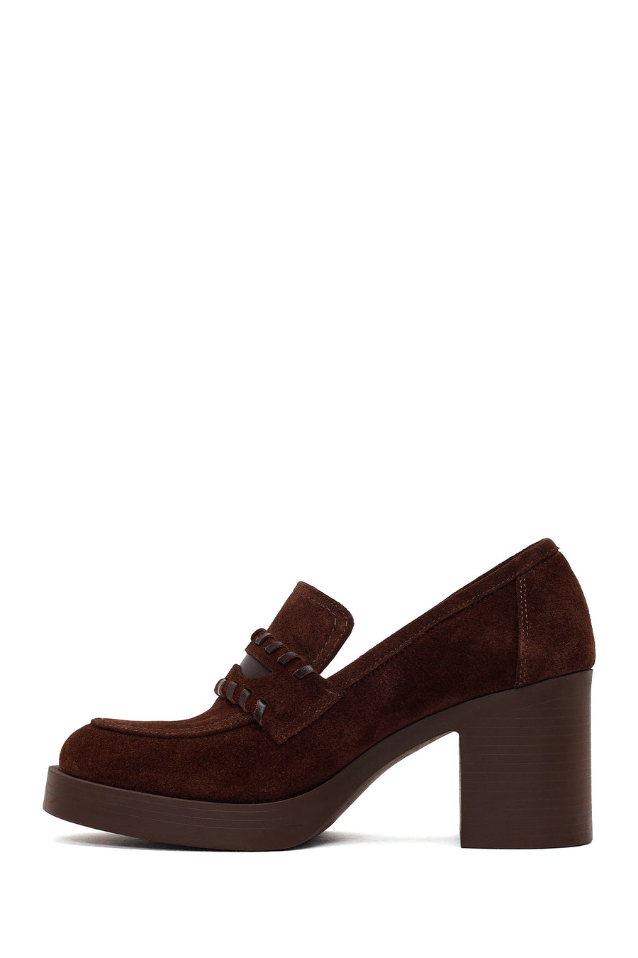 Woman Brown Chunky Heeled Suede Loafer