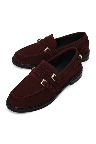 Kadın Bordo Tokalı Süet Deri Maskülen Loafer
