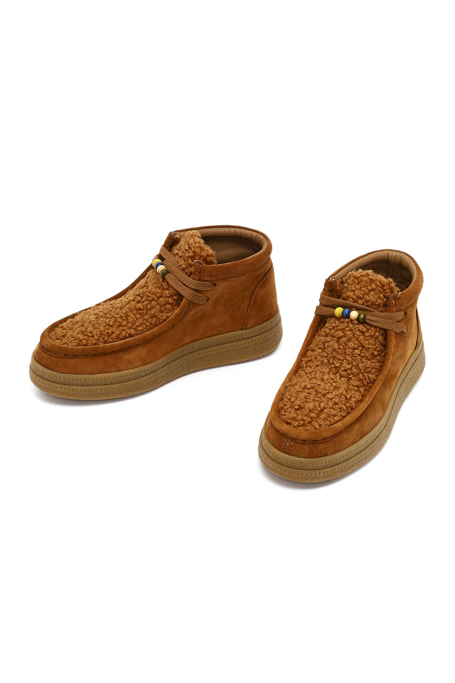 Women's Tan Lace-Up Thick Sole Suede Leather Teddy Boot