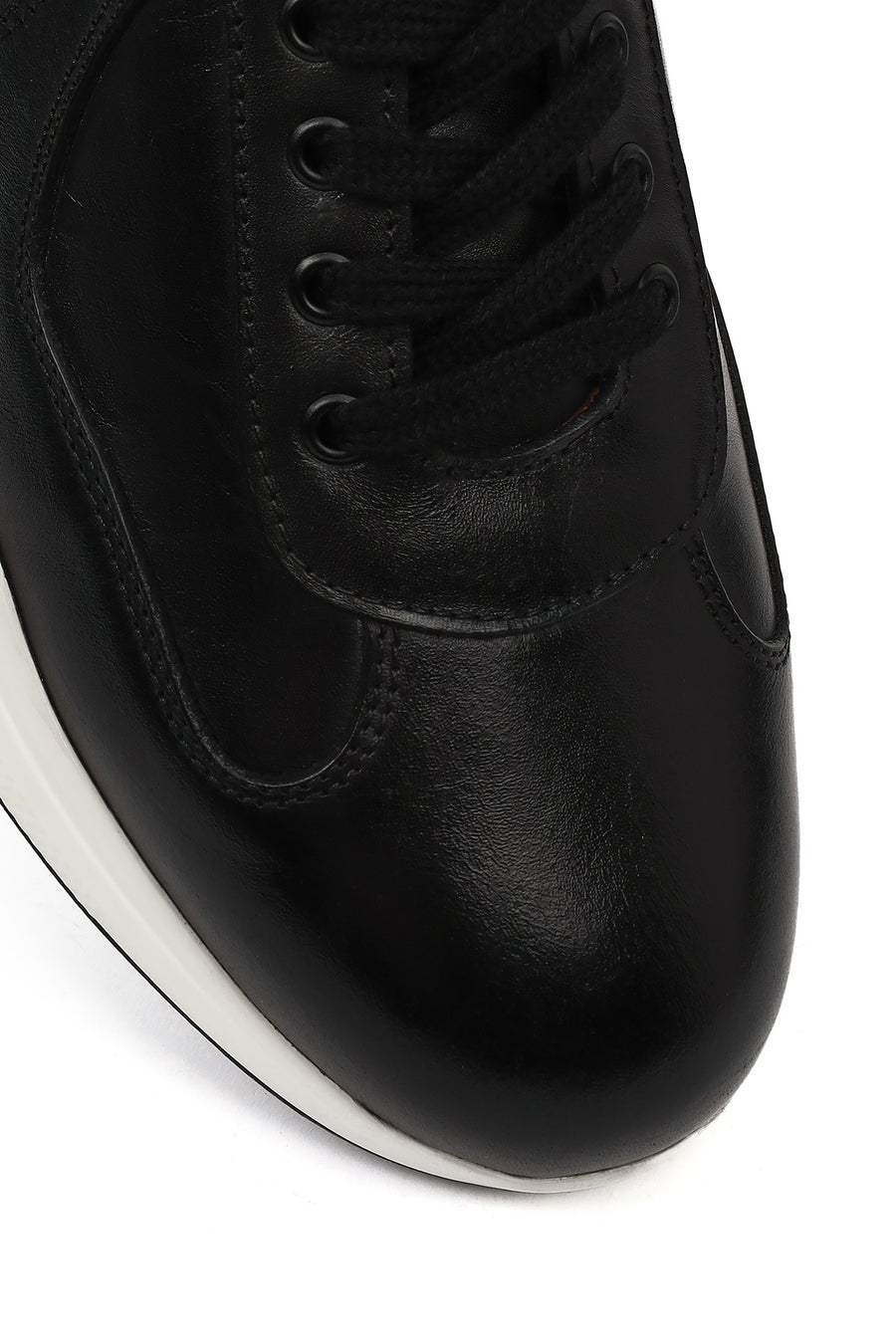 Erkek Siyah Bağcıklı Deri Casual Sneaker