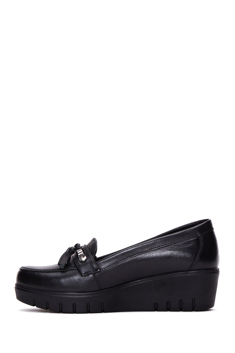 Women's Black Leather Wedge Heeled Loafer
