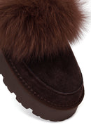 Woman Brown Thick-Soled Plush Suede Teddy Slipper | Derimod
