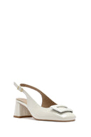 Women's Beige Ankle Buckle Open Back Low Thick Heel Patent Leather Shoes | Derimod