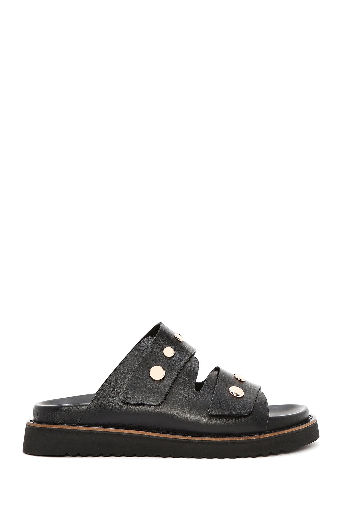 Women's Black Metal Detailed Leather Slippers 25SFD180818 | Derimod
