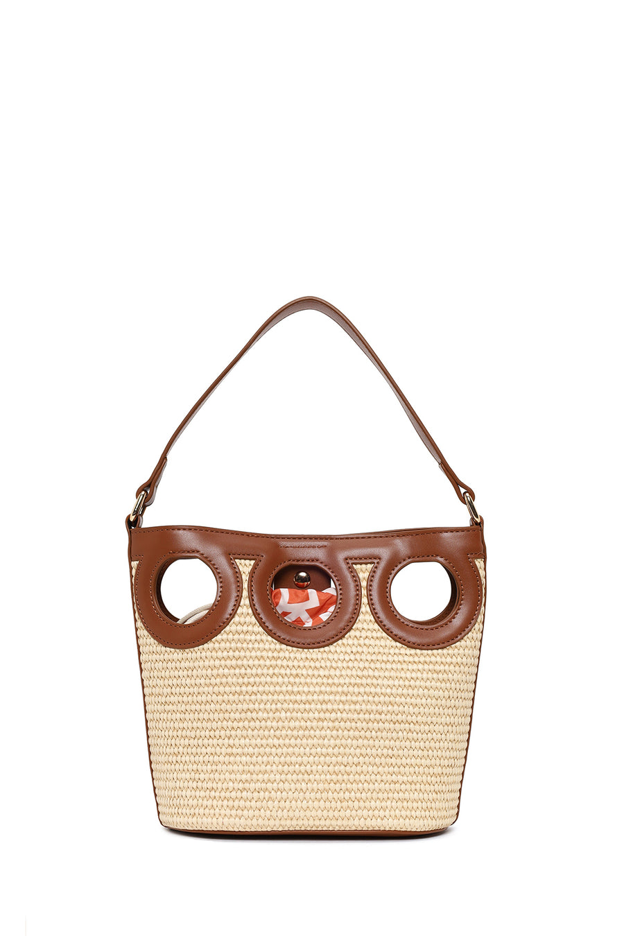 Woman Beige Long-Strap Wicker Shoulder Bag