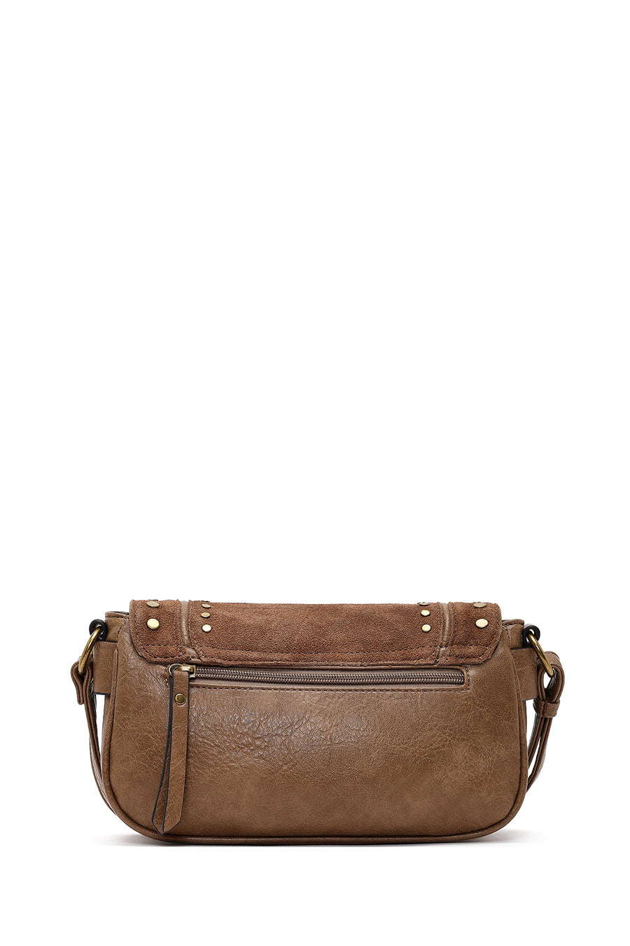 Woman Tan Long-Strap Studded Suede Crossbody Bag