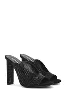Women's Black Thick High Heeled Stoned Leather Slippers | Derimod