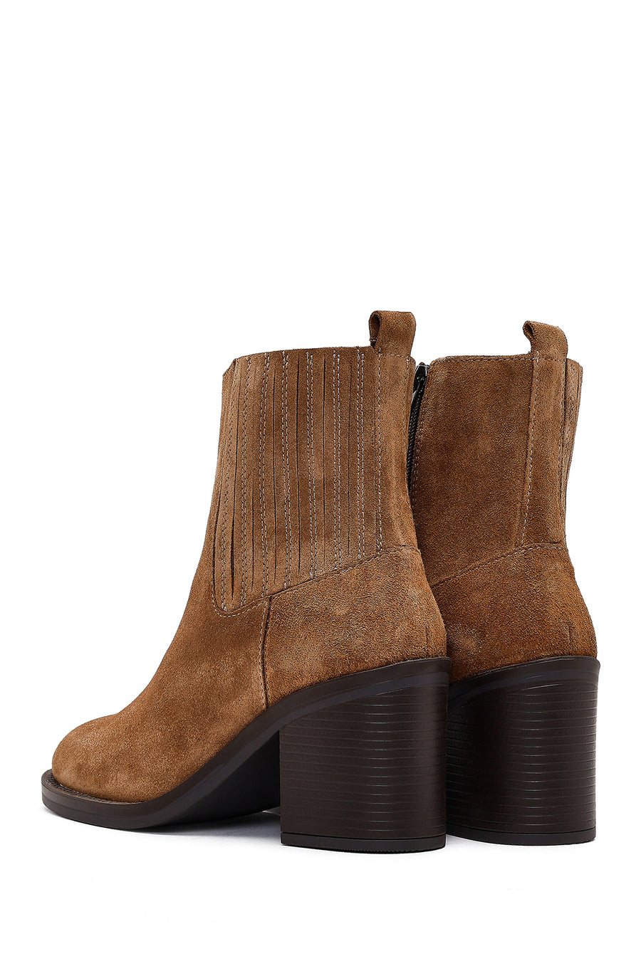Women's Brown Zippered Thick Heel Suede Leather Boots