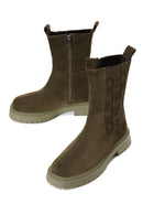 Women's Khaki Suede Leather Zippered Boots | Derimod