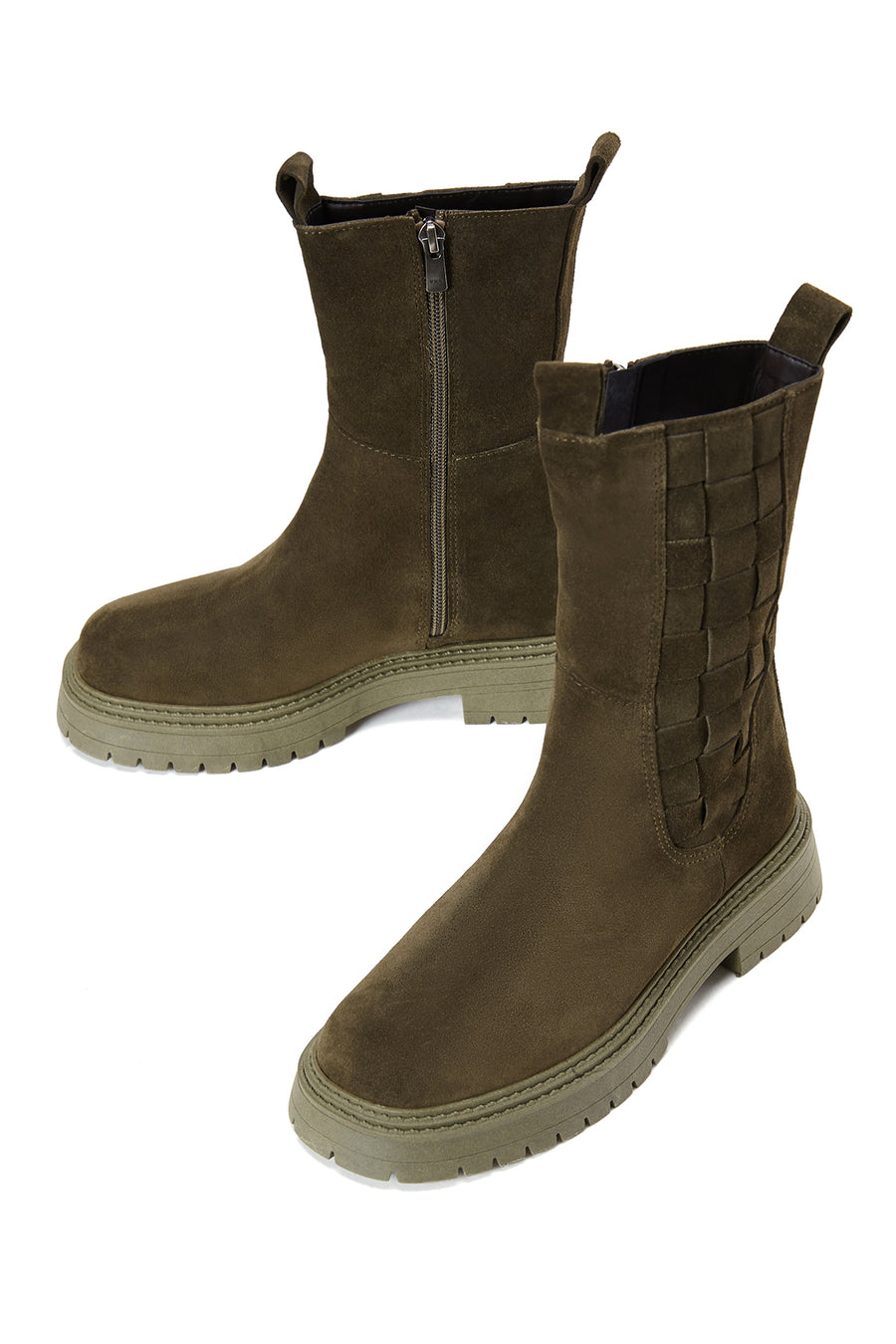 Women's Khaki Suede Leather Zippered Boots
