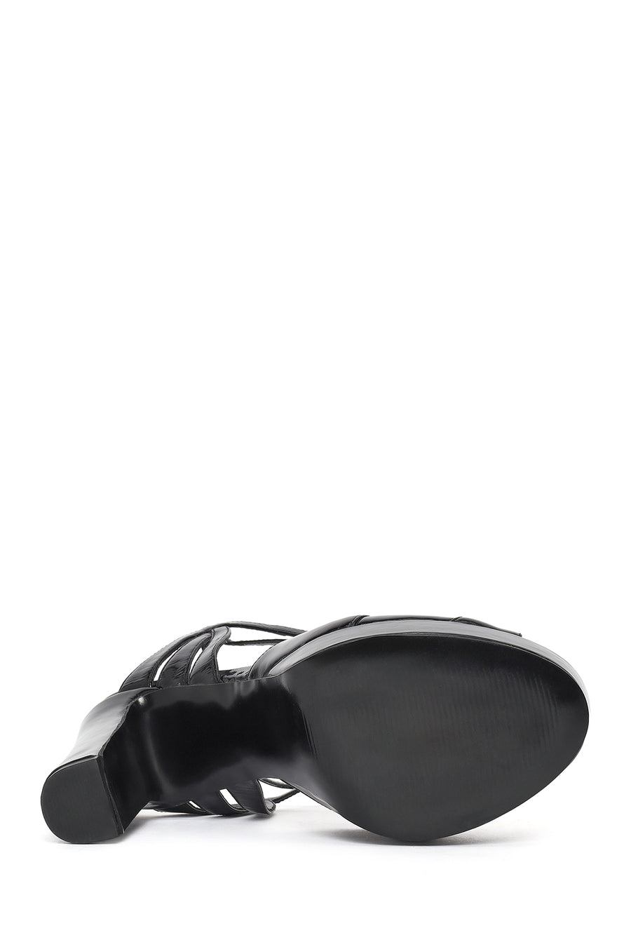 Women's Black Ankle Buckle Platform Thick High Heel Patent Leather Sandals