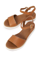 Woman Tan Strappy Wedge Heel Leather Sandal | Derimod