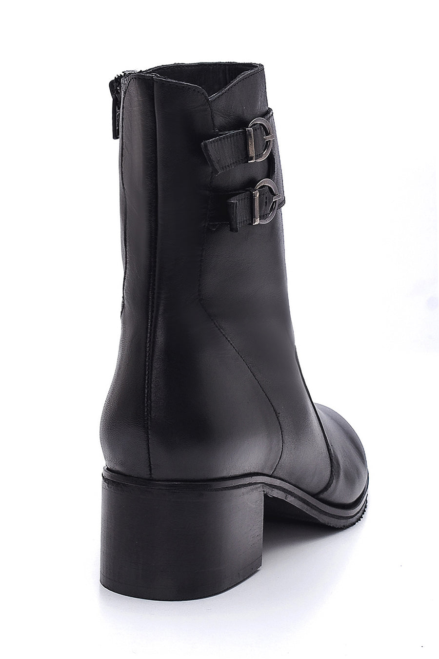 Women's Leather Double Buckle Medium Heel Boots