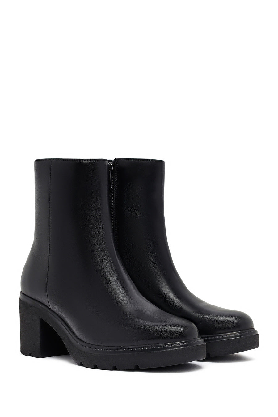 Women's Black Zippered Thick Heeled Leather Boot