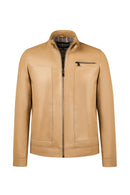 Felibe Male Beige Mandarin Collar Leather Jacket | Derimod