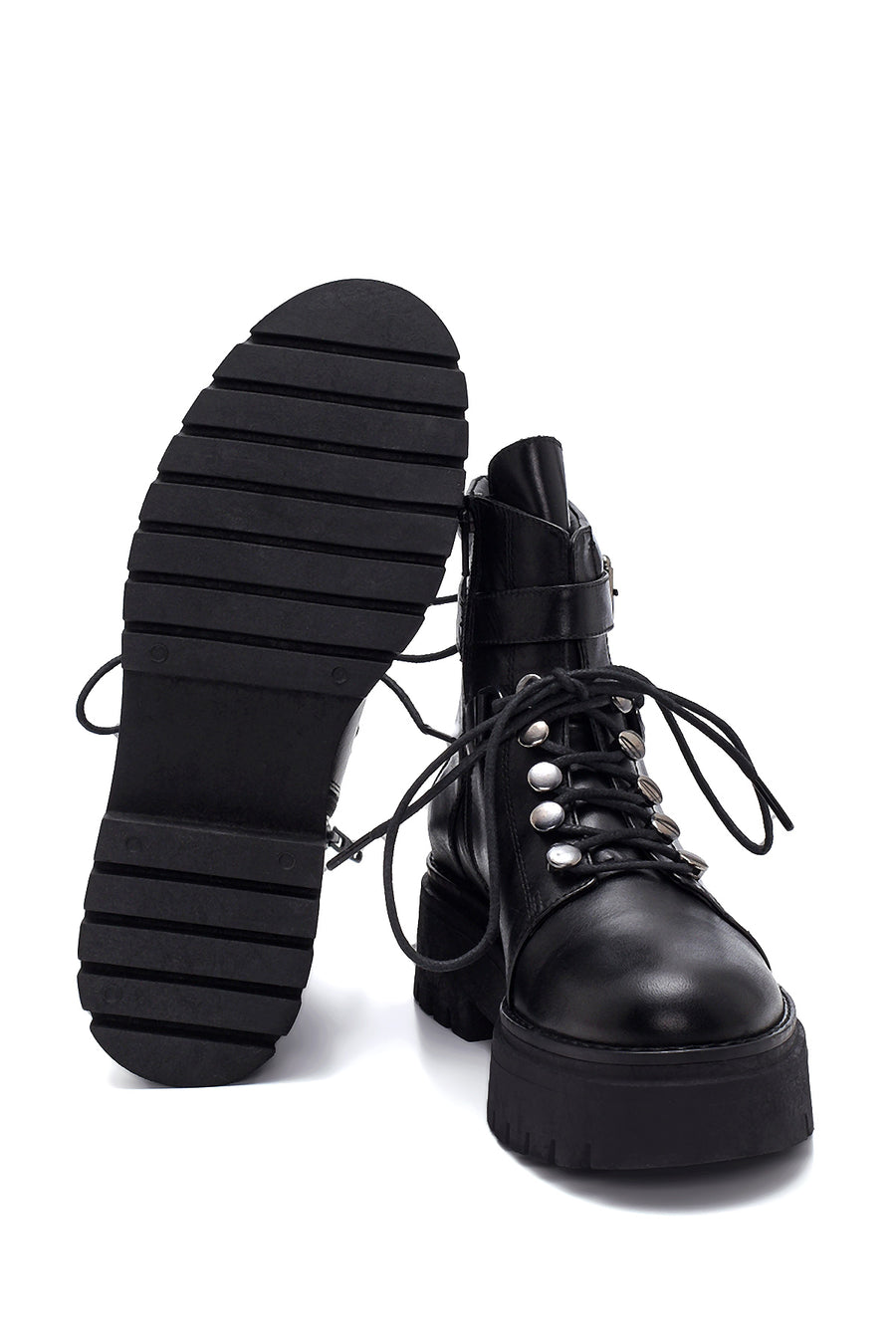 Women's Black Leather Buckle Thick Soled Boots