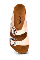 Women's Pink Leather Double Buckle Casual Flat Slippers | Derimod