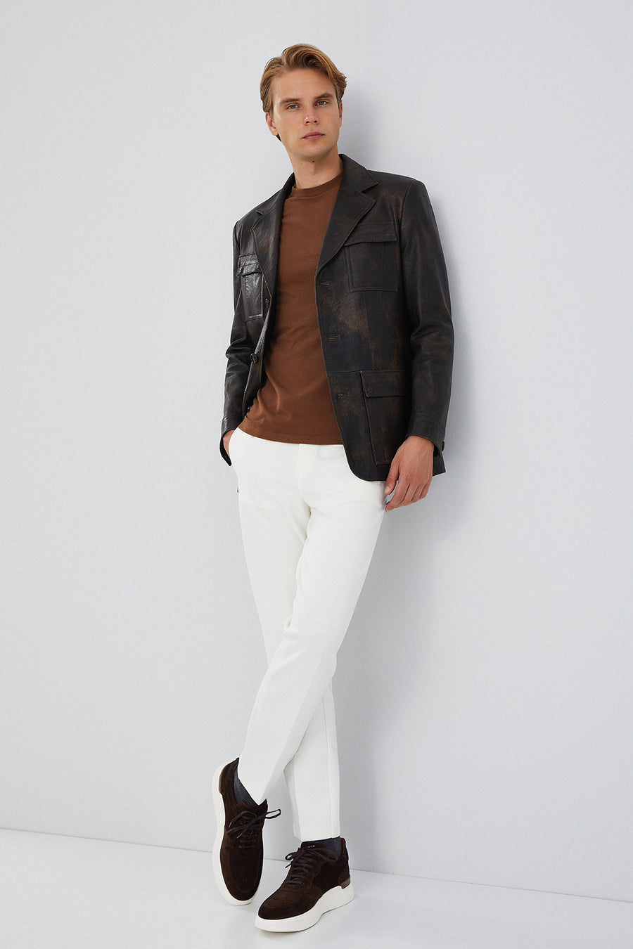 Kane Erkek Kahverengi Vintage Blazer Safari Deri Ceket