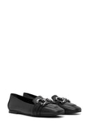 Women's Black Buckle Detailed Leather Ballerinas | Derimod