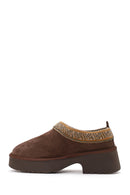 Woman Brown Patterned Chunky Heeled Suede Teddy Slipper | Derimod