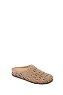 Women's Beige Patterned Suede Leather Slippers | Derimod