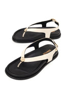 Woman Cream Back Buckled Toe-Post Leather Sandal | Derimod